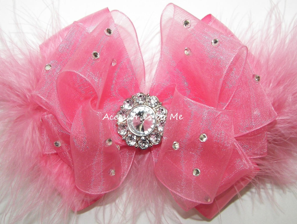 Glitzy Coral Pink Organza marabou Hair Bow