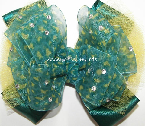 Glitzy Teal Green Gold Organza Tutu Hair Bow