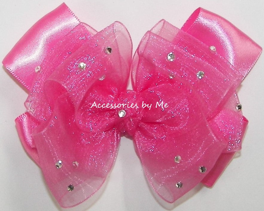 Glitzy Hot Pink Organza Satin Hair Bow
