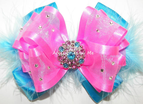 Glitzy Hot Pink Turquoise Marabou Hair Bow