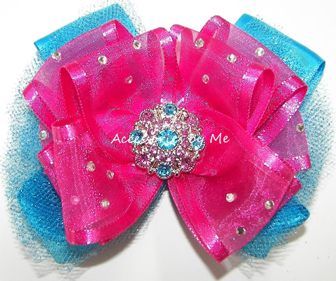 Glitzy Shocking Pink Turquoise Organza Tutu Hair Bow