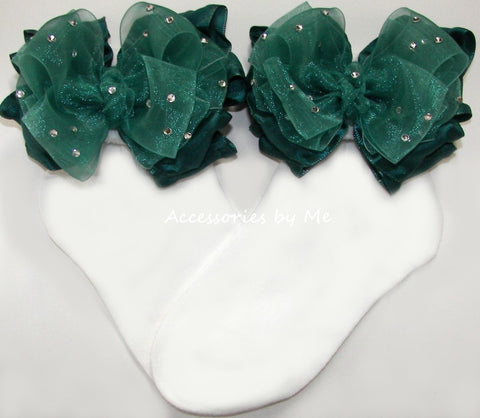 Glitzy Hunter Green Organza Ruffle Bow Socks