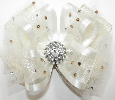 Glitzy Light Ivory Gold Organza Tulle Hair Bow