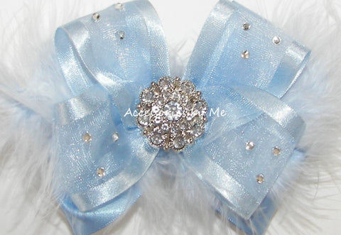 Glitzy Light Blue Organza Marabou Hair Bow