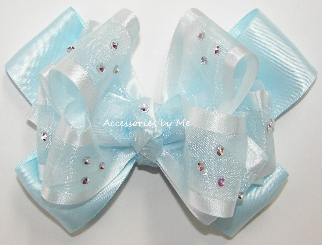 Glitzy Light Blue Organza Satin Hair Bow with AB Rhinestones