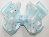 Glitzy Light Blue Organza Satin Hair Bow with AB Rhinestones