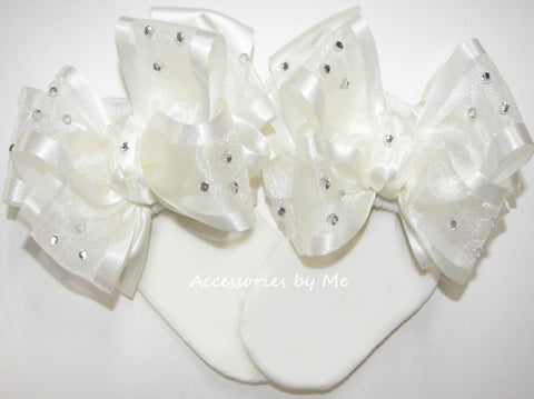 Glitzy Light Ivory Organza Satin Bow Socks