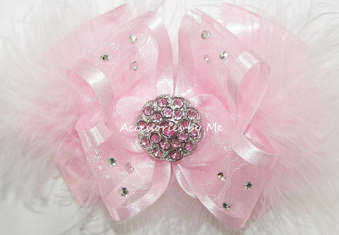 Glitzy Light Pink Organza Marabou Hair Bow