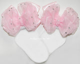 Glitzy Light Pink Organza Satin Bow Socks 