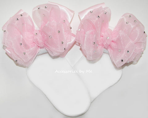 Glitzy Light Pink Organza Satin Bow Socks