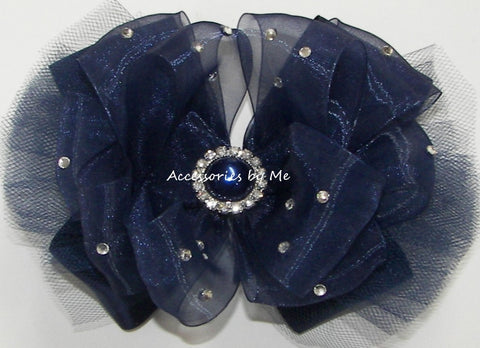Glitzy Navy Blue Organza Tutu Hair Bow