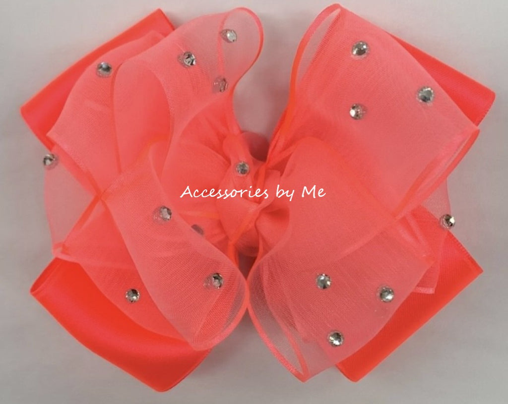 Glitzy Neon Coral Organza Satin Hair Bow