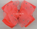 Glitzy Neon Coral Organza Satin Hair Bow