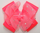 Glitzy Neon Coral Organza Satin Hair Bow
