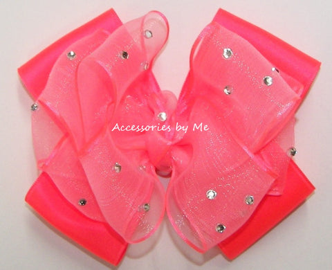 Glitzy Neon Coral Organza Satin Hair Bow