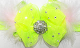 Neon green hair bow with rhinestones Bow attached to a skinny headband
