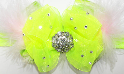 Glitzy Neon Green Organza Marabou Satin Hair Bow