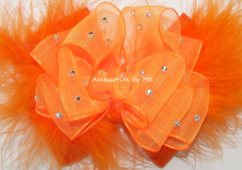 Glitzy Neon Orange Organza Marabou Hair Bow