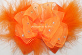 Glitzy Neon Orange Organza Grosgrain Marabou Feathers Hair Bow