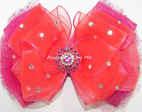 Glitzy Neon Coral Shocking Pink Tutu Hair Bow