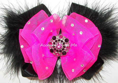 Glitzy Neon Pink Black Organza Marabou Hair Bow