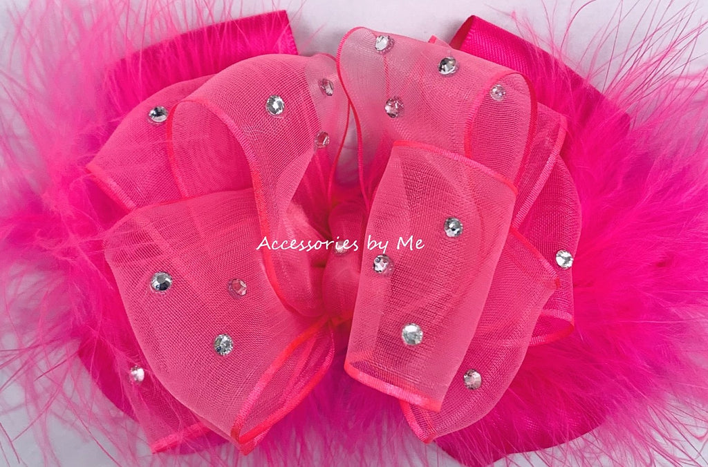 Glitzy Neon Pink Organza Satin Marabou Hair Bow