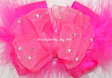 Glitzy Neon Pink Organza Satin Marabou Feathers Hair Bow