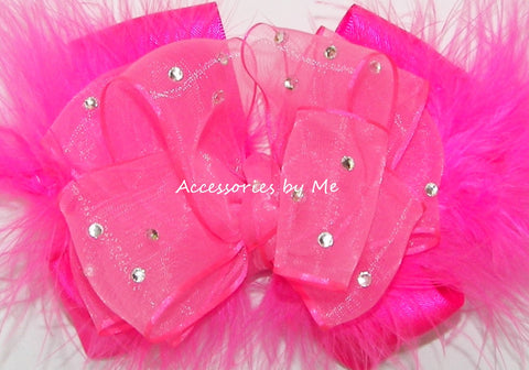 Glitzy Neon Pink Organza Satin Marabou Hair Bow