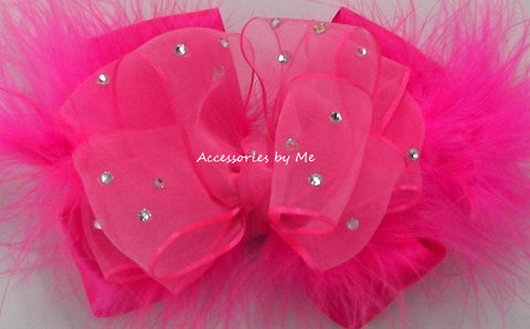 Glitzy Neon Pink Organza Satin Marabou Hair Bow