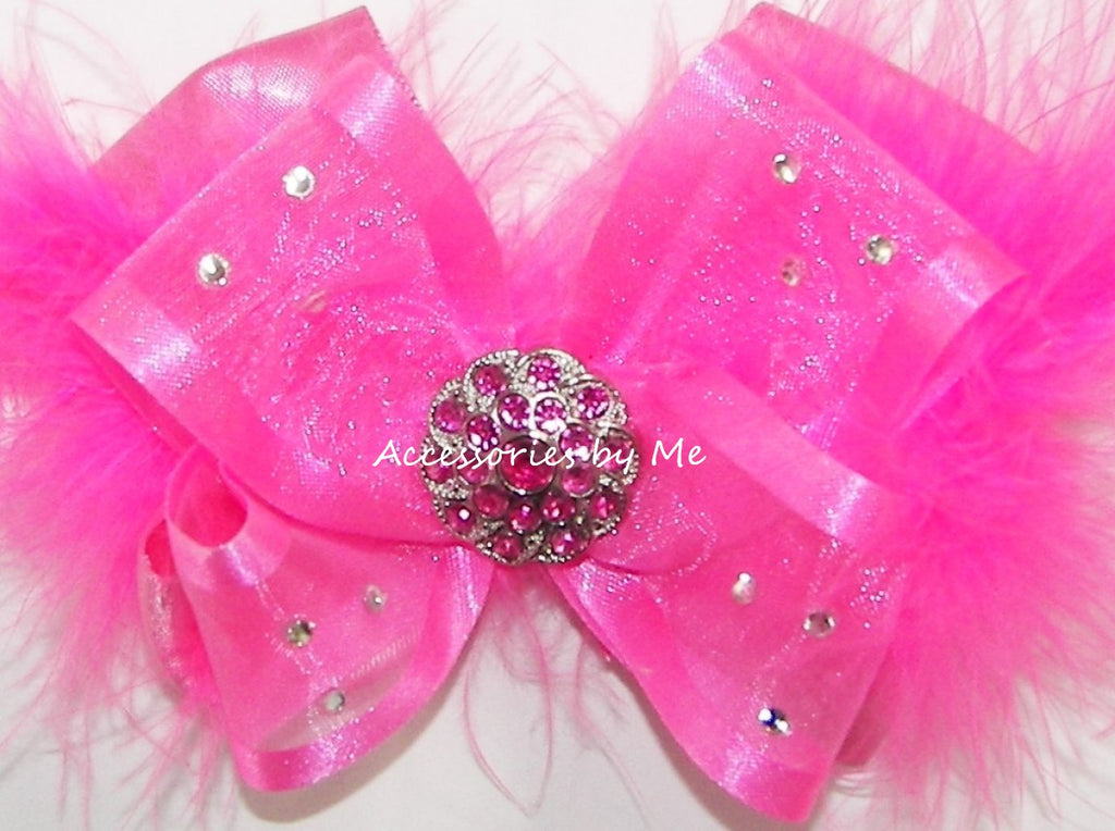 Glitzy Neon Pink Organza Satin Marabou Hair Bow