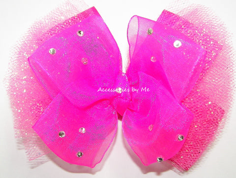 Glitzy Neon Pink Organza Tulle Satin Hair Bow