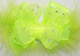 Glitzy Neon Yellow Organza Marabou Hair Bow