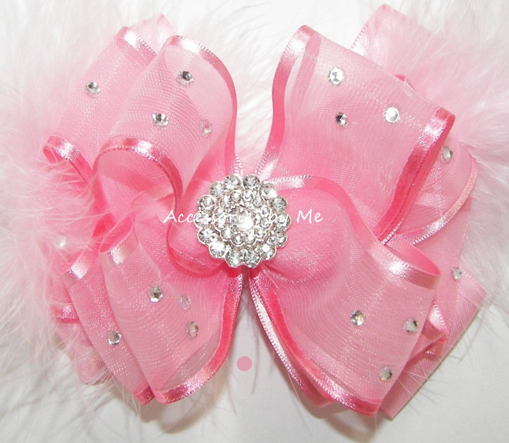 Glitzy Light Pink Organza Satin Marabou Hair Bow