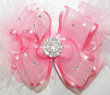 Glitzy Light Pink Organza Satin Marabou Hair Bow