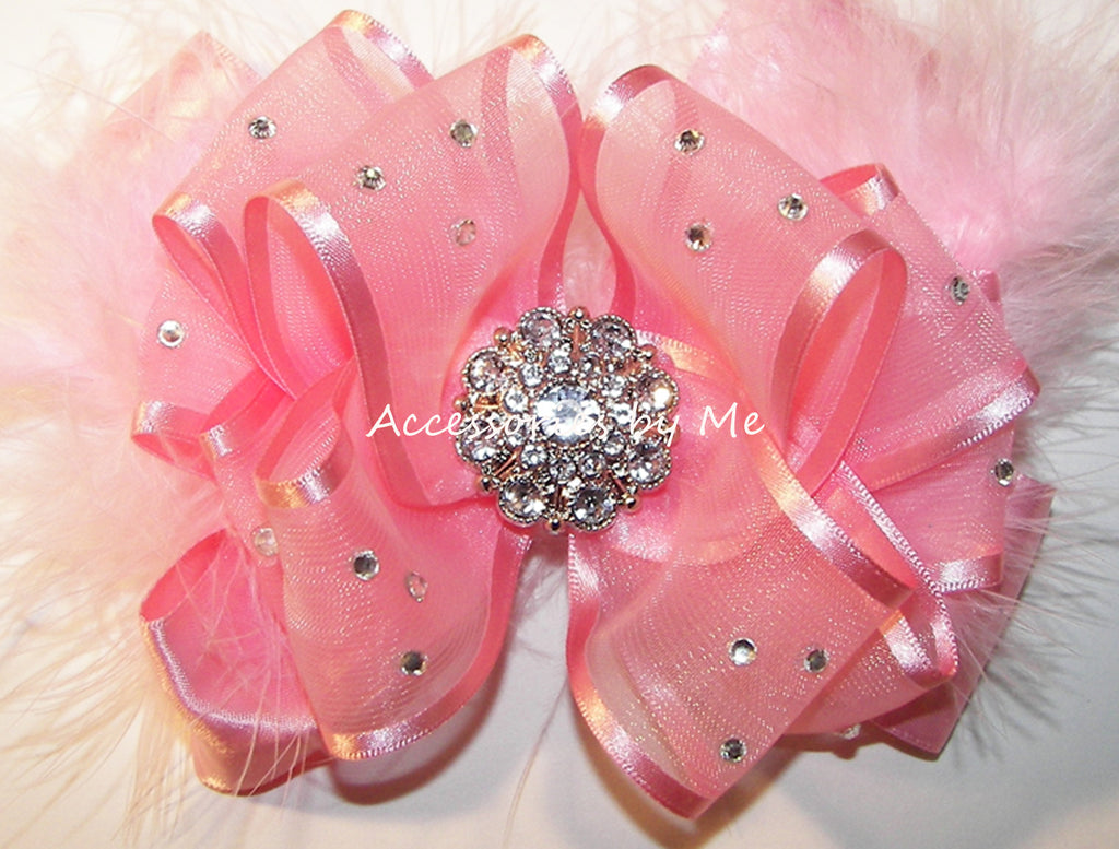 Glitzy Pink Organza Satin Marabou Hair Bow