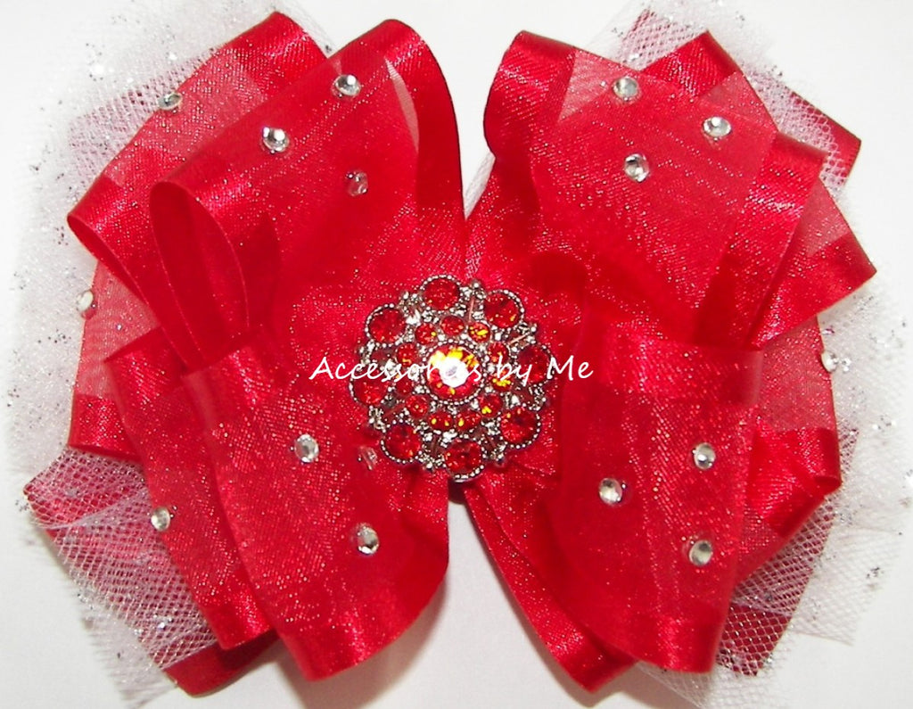 Glitzy Red Organza White/Silver Sparkle Tulle Hair Bow