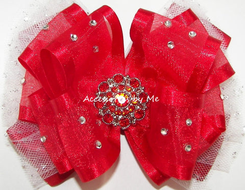 Glitzy Red White Organza Tutu Hair Bow