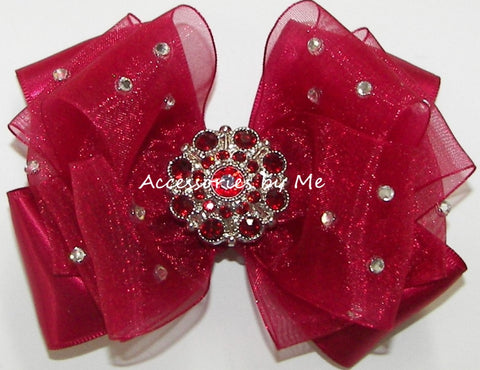 Glitzy Rose Red Organza Satin Hair Bow