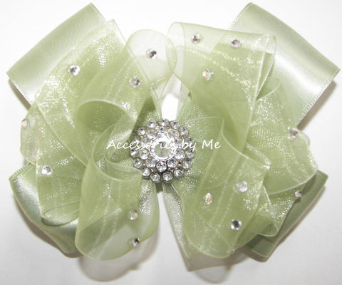 Glitzy Sage Green Organza Satin Hair Bow