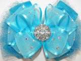 Glitzy Turquoise Blue Organza Tutu Hair Bow with Iridescent  Stones