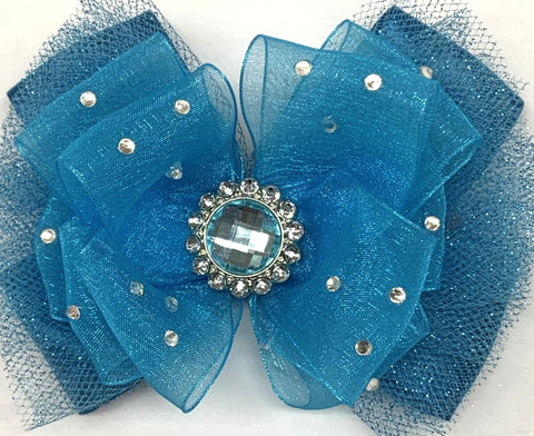 Glitzy Turquoise Blue Organza Tutu Hair Bow