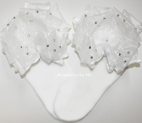 Glitzy White Organza Ruffle Bow Socks