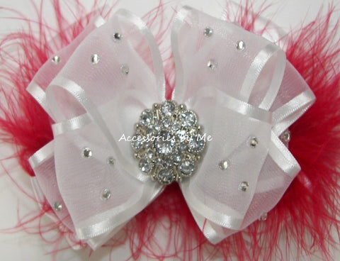 Glitzy White Red Marabou Hair Bow