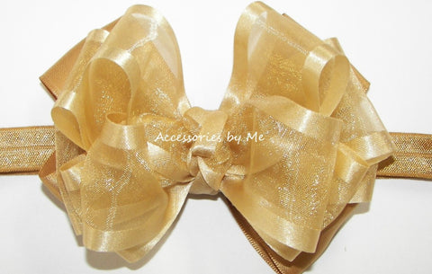 Gold Organza Satin Trim Bow Headband