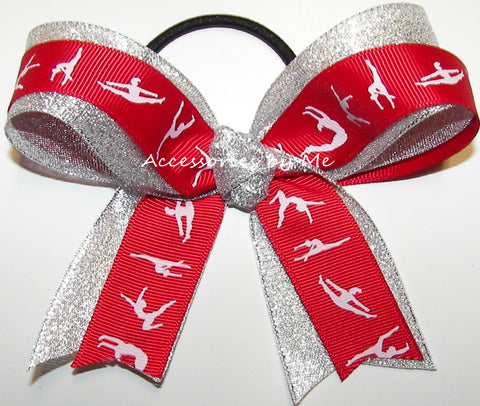 Gymnastics Red Silver Ponytail Bow