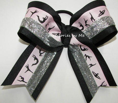 Gymnastics Pink Black Silver Hair Bow