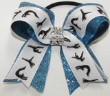 Sparkly Gymnastics White Blue Ponytail Bow