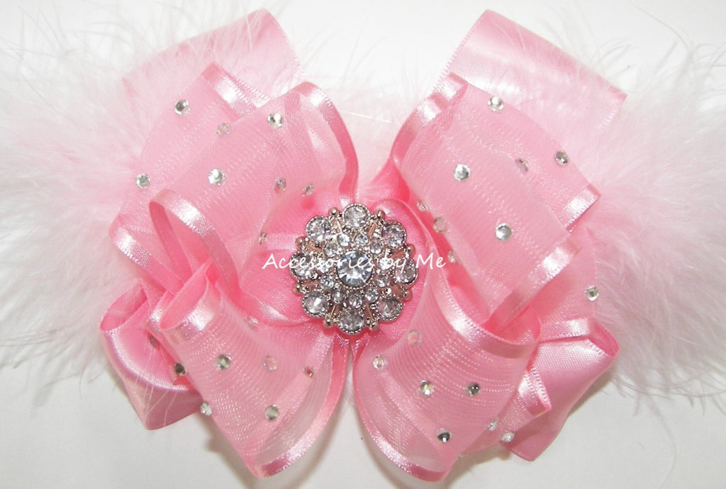High Glitz Pink Organza Marabou Satin Hair Bow with a Large Clear Center Rhinestone