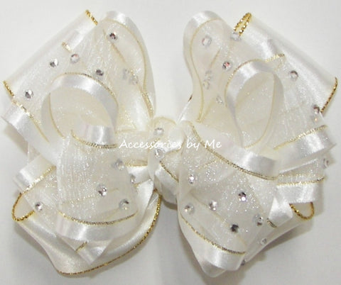 High Glitz Pageant White Gold Trim Hair Bow