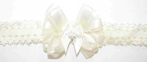 Ivory Satin Pearl Bow Lace Headband